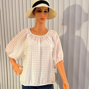 bobeau White Swiss Dot Peasant Blouse